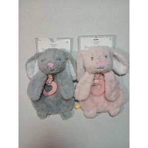 Two Modern Baby‎ Pink/ Gray  Bunny Rabbit Blankie Security Blankets And Teether